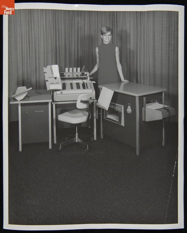 Woman with Burroughs Equipment and Office Work Station, circa 1968