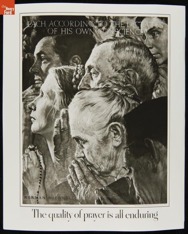 Ford Motor Company Quality Control Department Poster with Illustration from the Norman Rockwell Painting "Freedom of Worship"