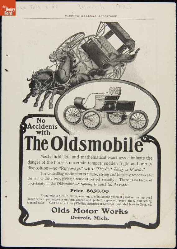 March 1903 Olds Motor Works Advertisement, "No Accidents with the Oldsmobile"