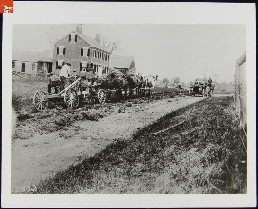 Horse-Drawn Road Grader and Automobiles during Road Construction, circa 1910