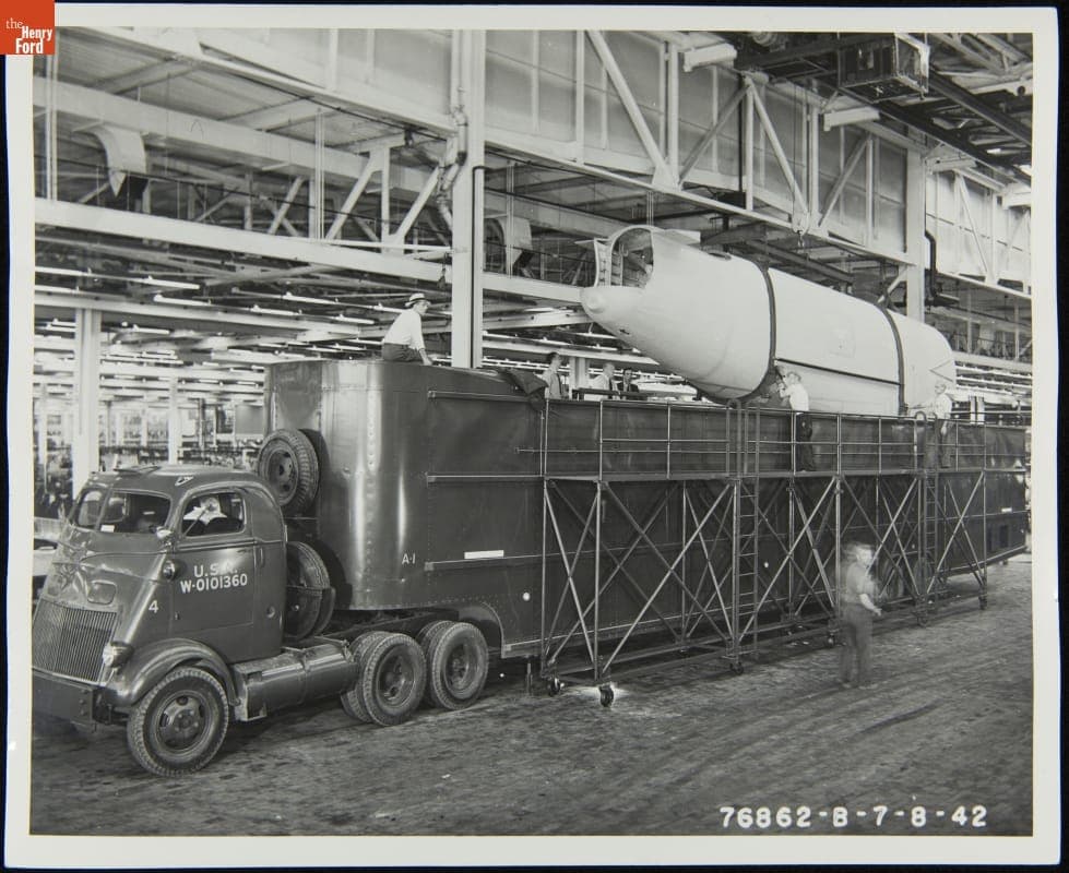 Haulaway Truck with Bomber Fuselage, Willow Run Bomber Plant, July 8, 1942