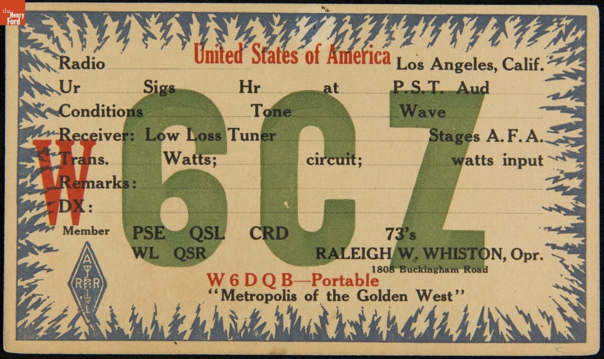 QSL Card of W6CZ (Raleigh W. Wiston, Los Angeles, California), 1924-1943