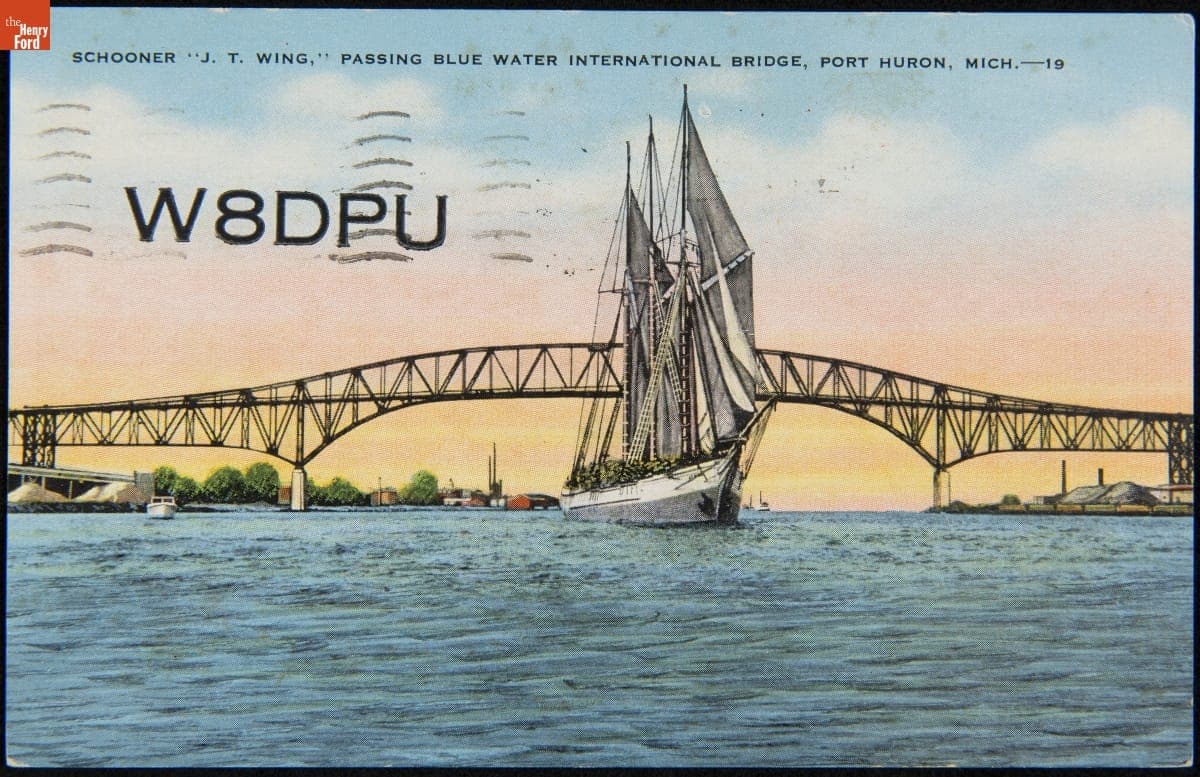 Blue Water International Bridge Depicted on QSL Card from W8DPU to W6DQZ (Hamid Durmisevich), March 9, 1948