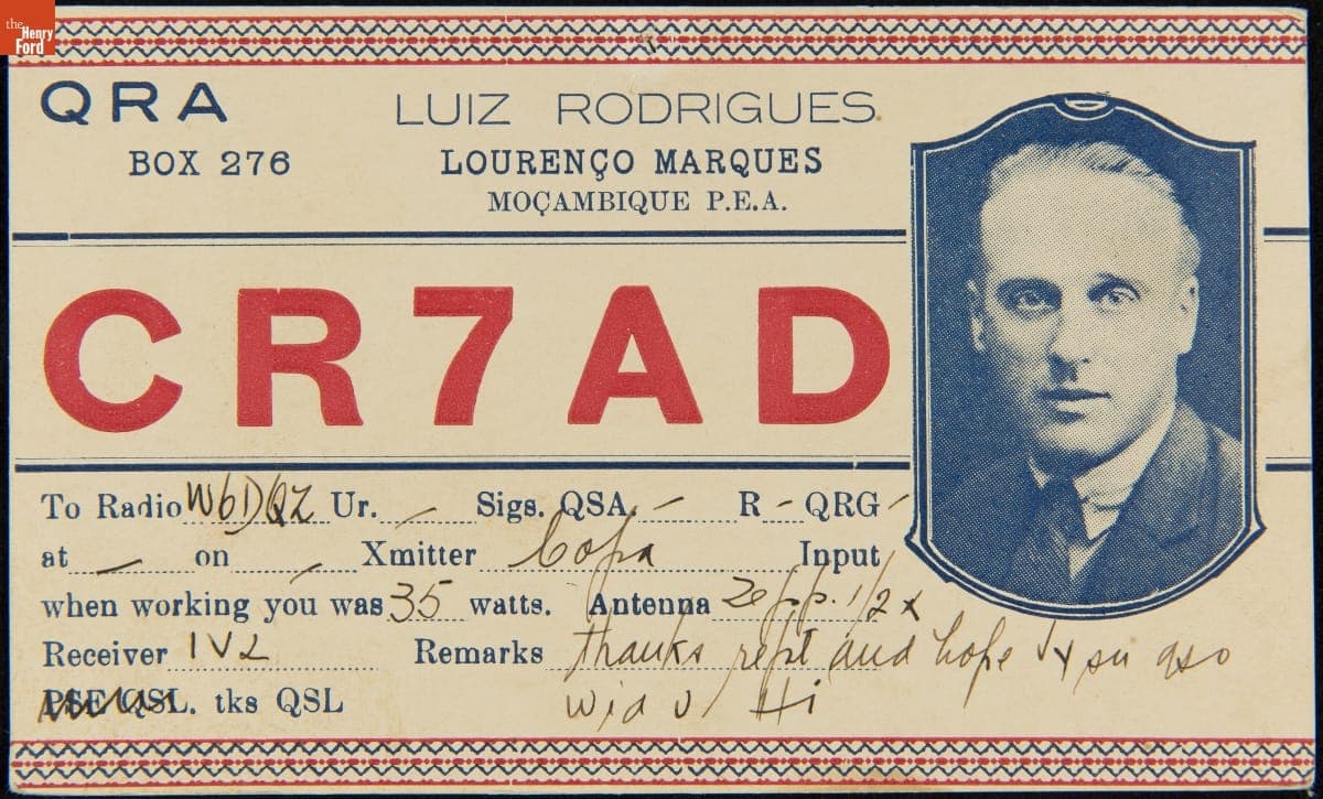QSL Card from CR7AD (Luiz Rodrigues, Mocambique, Portuguese East Africa) to W6DQZ (Hamid Durmisevich, Los Angeles, California), 1929-1975