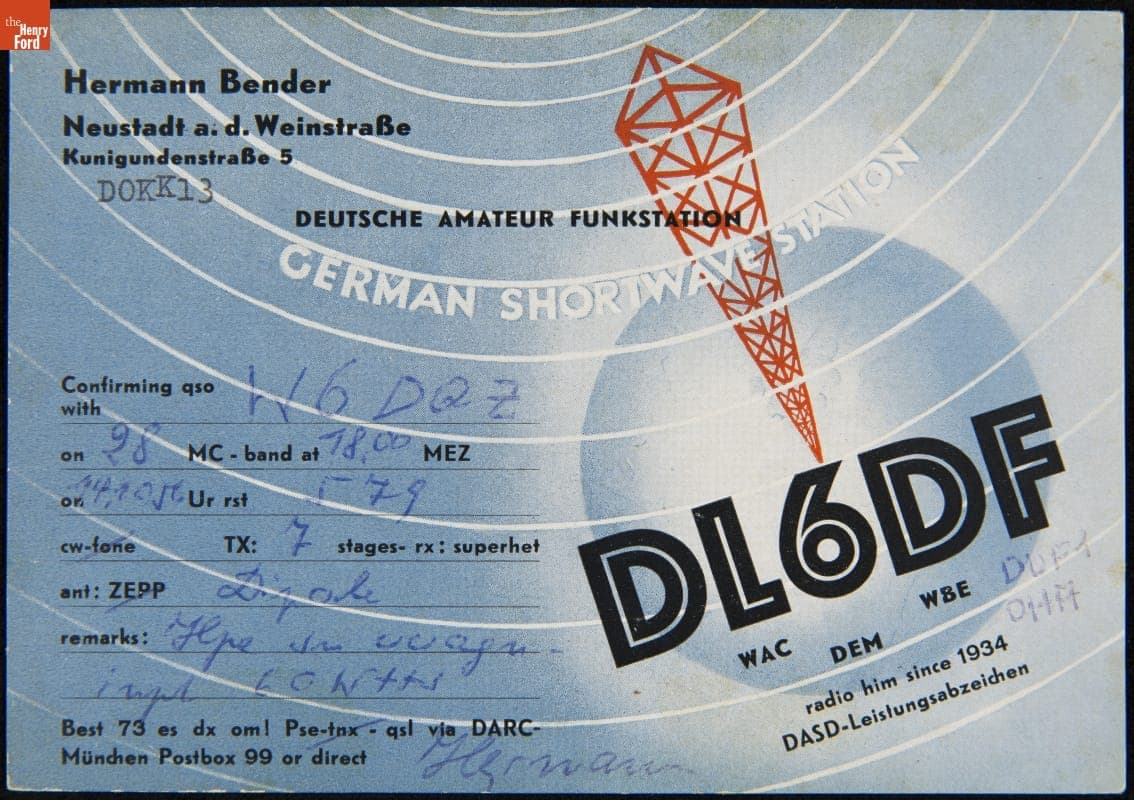 QSL Card from DL6DF (Munich, Germany) to W6DQZ (Hamid Durmisevich, Los Angeles, California), October 14, 1956