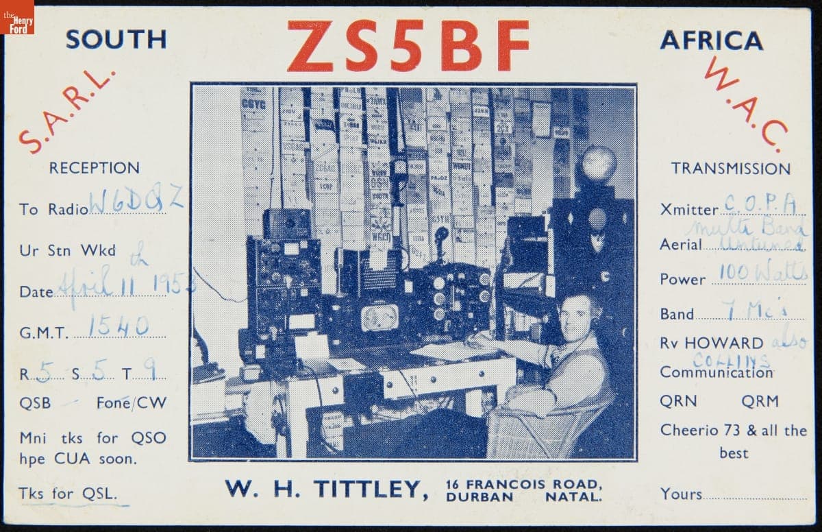 QSL Card from ZS5BF (W. H. Tittley, Durban, South Africa) to W6DQZ (Hamid Durmisevich, Los Angeles, California), April 11, 1953