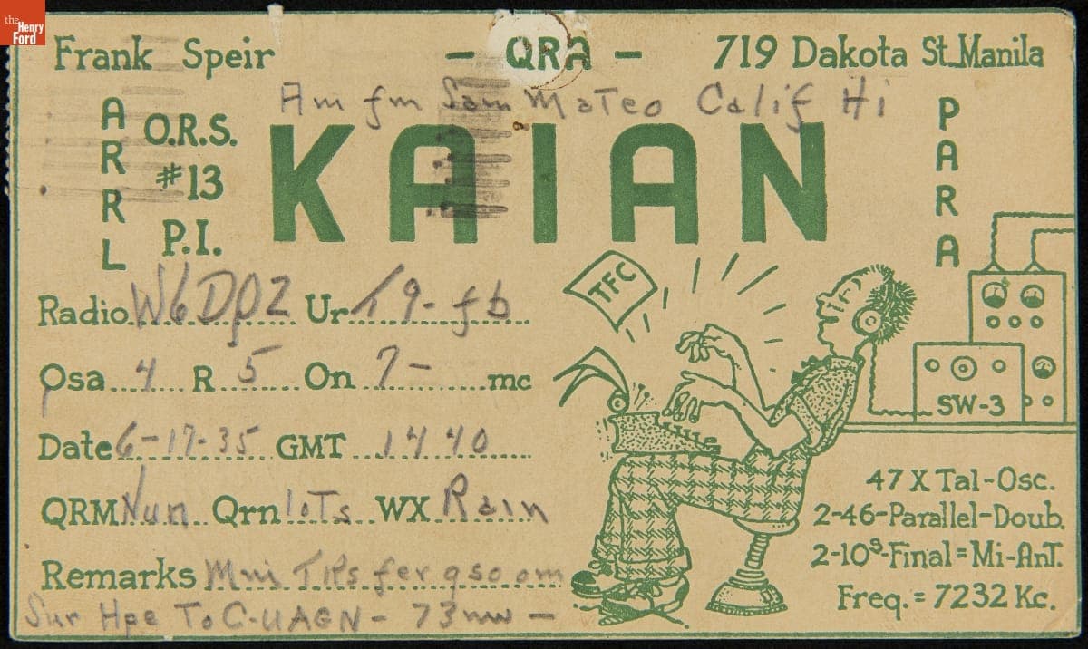 QSL Card from KAIAN (Frank Speir, Manila, Philippines) to W6DQZ (Hamid Durmisevich, Los Angeles, California), June 17, 1935