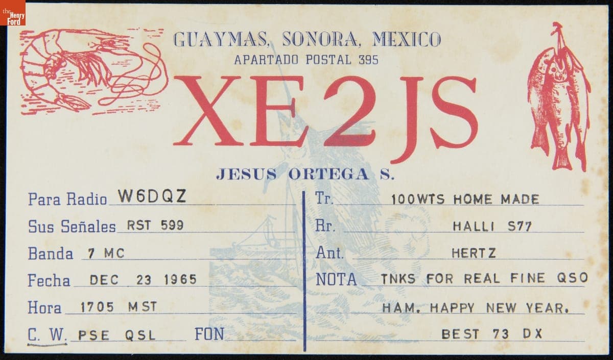 QSL Card from XE2JS (Guaymas, Sonora, Mexico) to W6DQZ (Hamid Durmisevich, Los Angeles, California), December 23, 1965