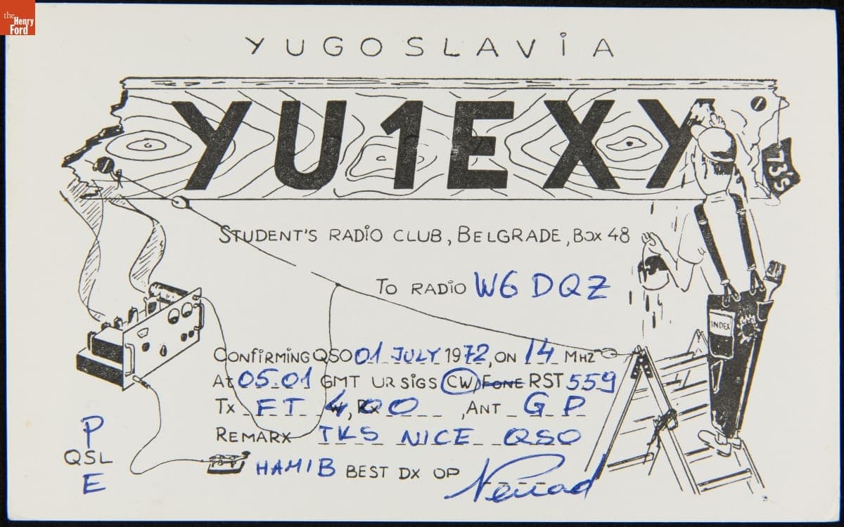QSL Card from YU1EXY (Belgrade, Yugoslavia) to W6DQZ (Hamid Durmisevich, Los Angeles, California), July 1, 1972