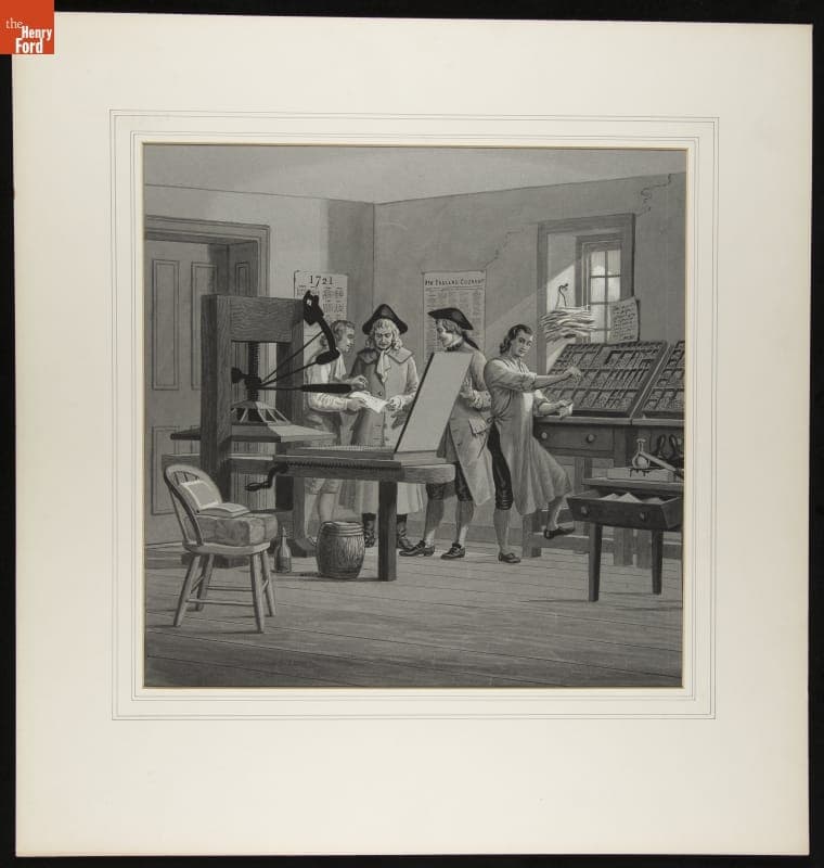 "Franklin as a Printer, Overhearing Remarks of Visitors about His Contributions," Drawing for Magic Lantern Slide, 1902-1903