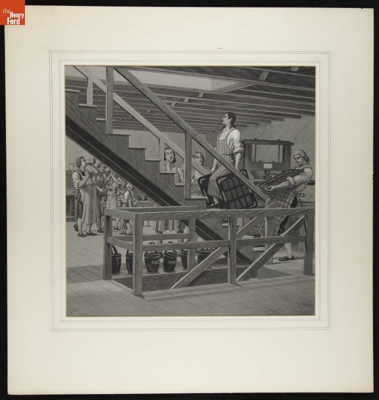 "Franklin Working in London, Showing His Fellows How a Cold Water Man Could Carry Two Forms," Drawing for Magic Lantern Slide, 1902-1903