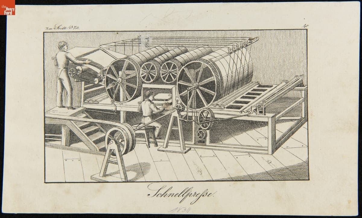 Man Working at a Printing Press, "Schnellpresse," circa 1830