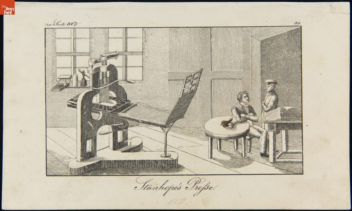 Engraving Showing a Stanhope Printing Press, circa 1830