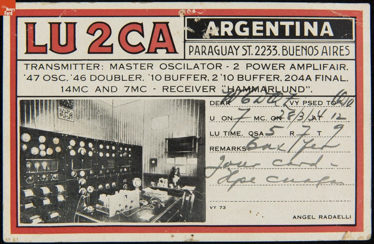 QSL Card from LU2CA (Angel Radaelli, Buenos Aires, Argentina) to W6DQZ (Hamid Durmisevich, Los Angeles, California), March 28, 1954