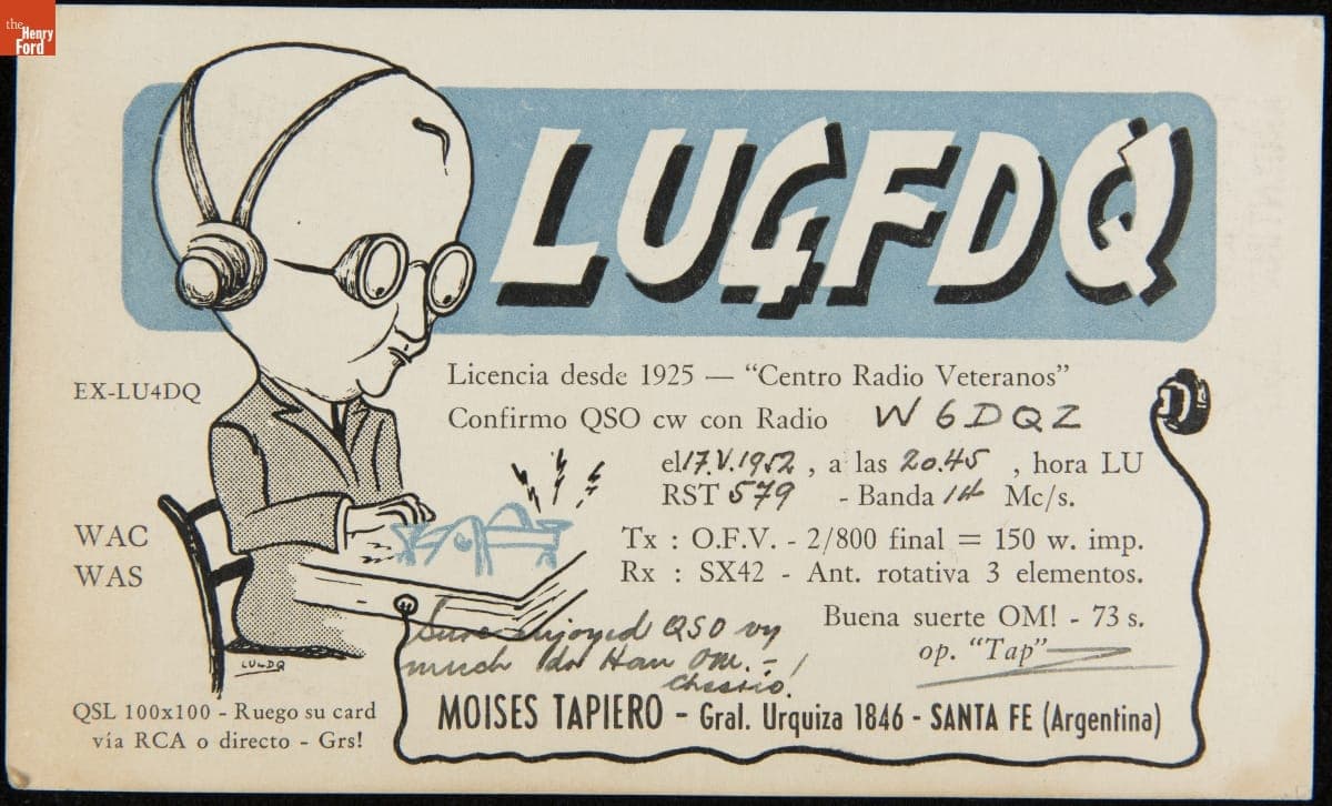 QSL Card from LU4FDQ (Moises Tapiero, Santa Fe, Argentina) to W6DQZ (Hamid Durmisevich, Los Angeles, California), May 17, 1952