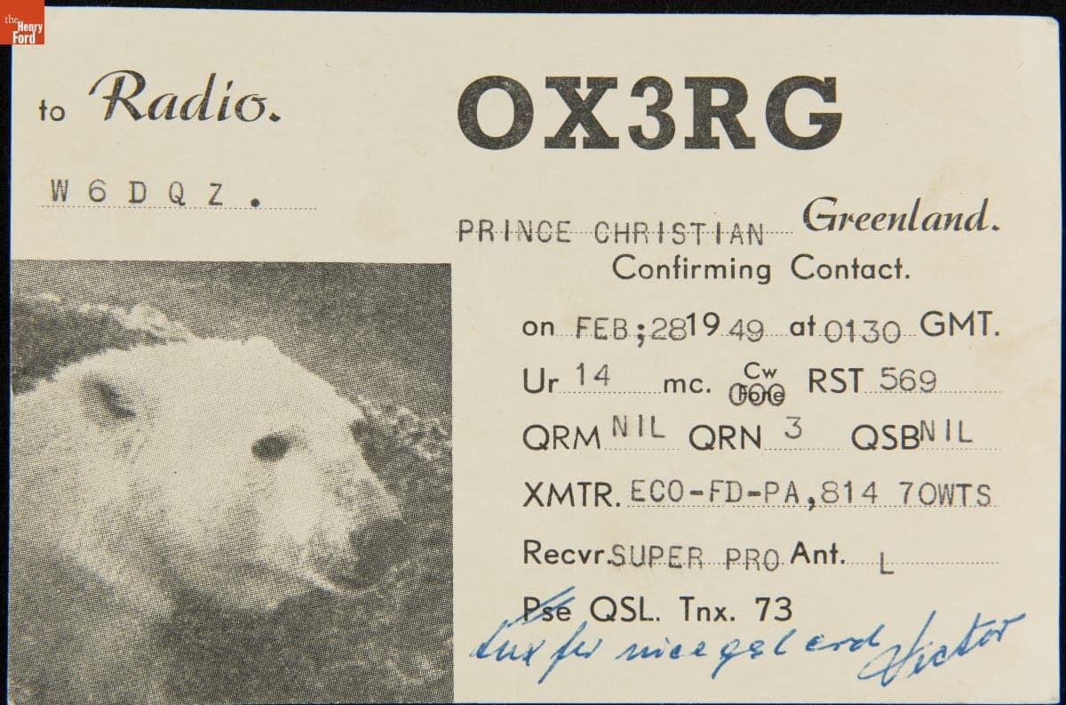 QSL Card from OX3RG (Prince Christian, Greenland) to W6DQZ (Hamid Durmisevich, Los Angeles, California), February 28, 1949