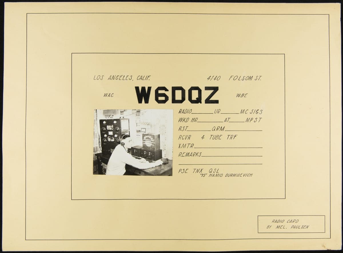QSL Card Artwork for Amateur Radio Station W6DQZ, Los Angeles, California, 1941