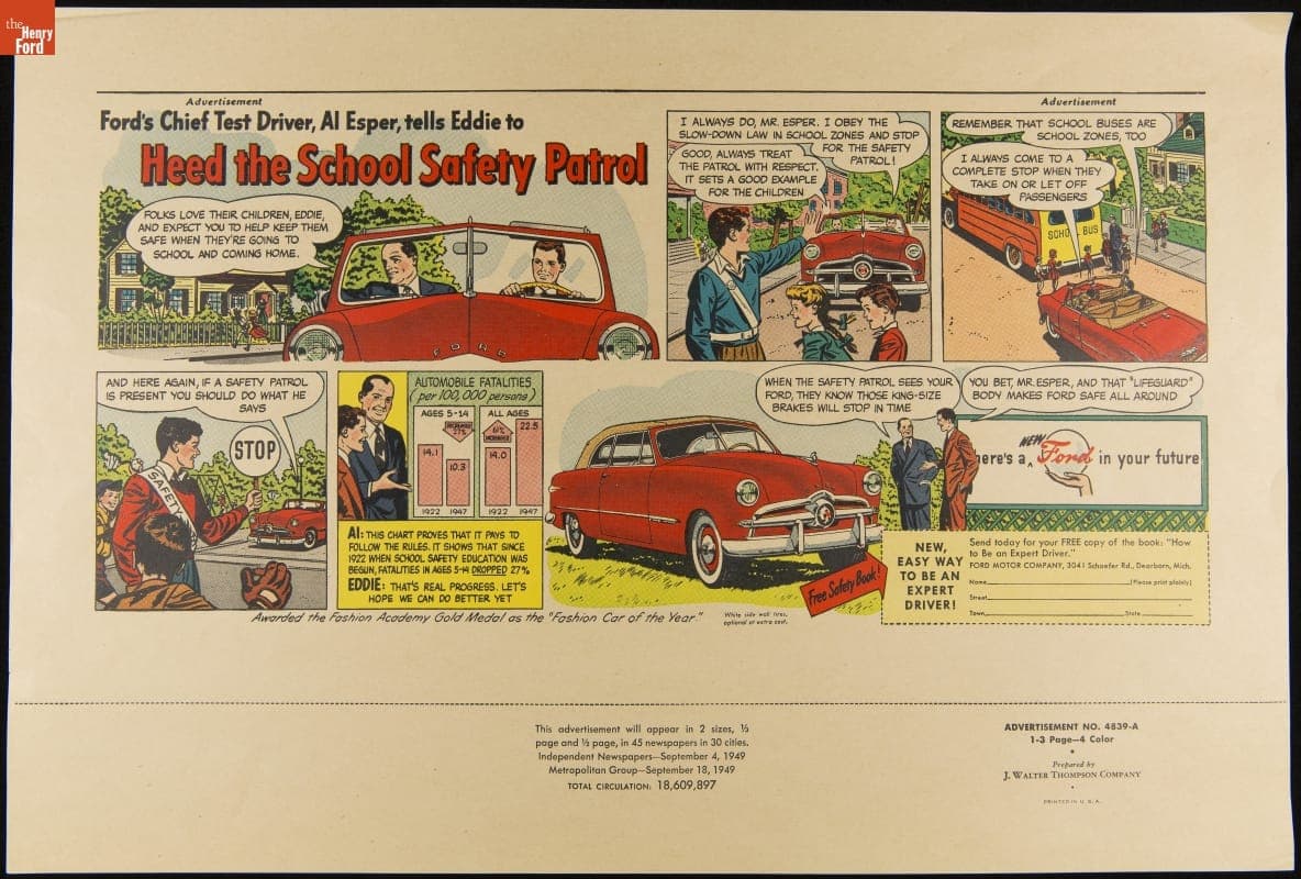 "Ford's Chief Test Driver, Al Esper, Tells Eddie to Heed the School Safety Patrol," September 1949