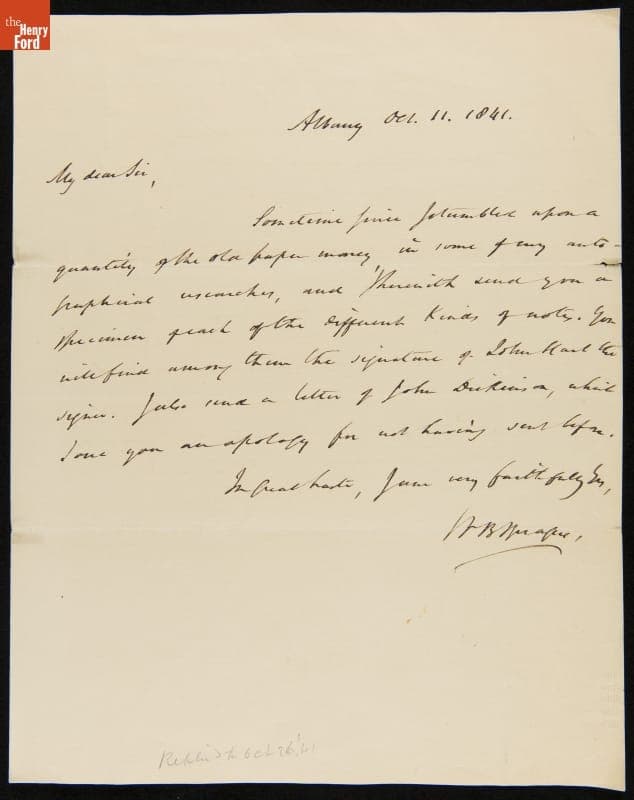 Letter from William B. Sprague to Joshua I. Cohen, October 11, 1841