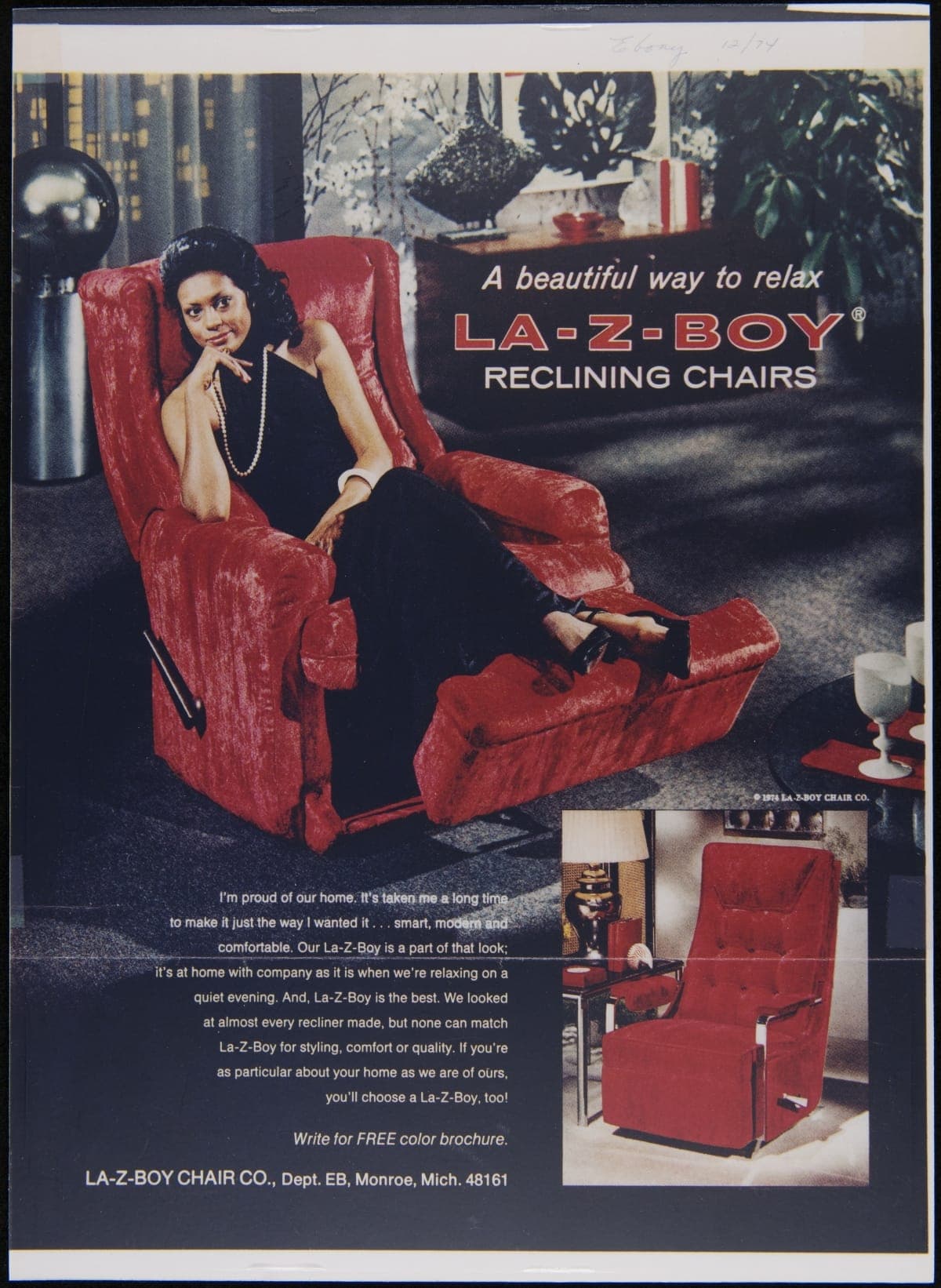 La-Z-Boy Advertisement in Ebony Magazine, "A Beautiful Way to Relax," December 1974