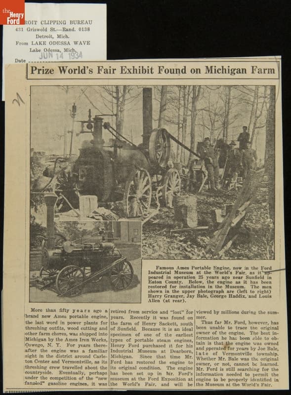 "Prize World's Fair Exhibit Found on Michigan Farm," Newspaper Article from the "Lake Odessa Wave," June 14, 1934