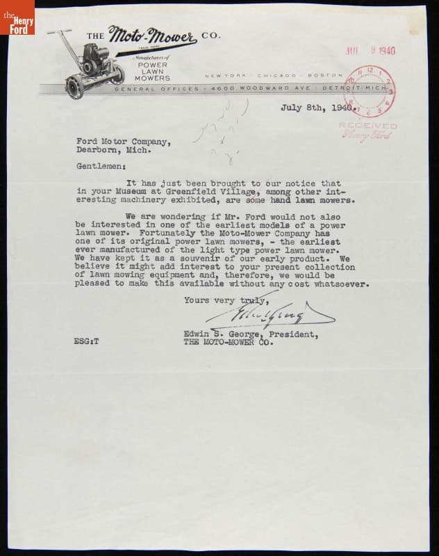 Donation by Edwin S. George to Henry Ford Museum of a\n Early Moto-Mower Lawn Mower Model, July 8, 1940
