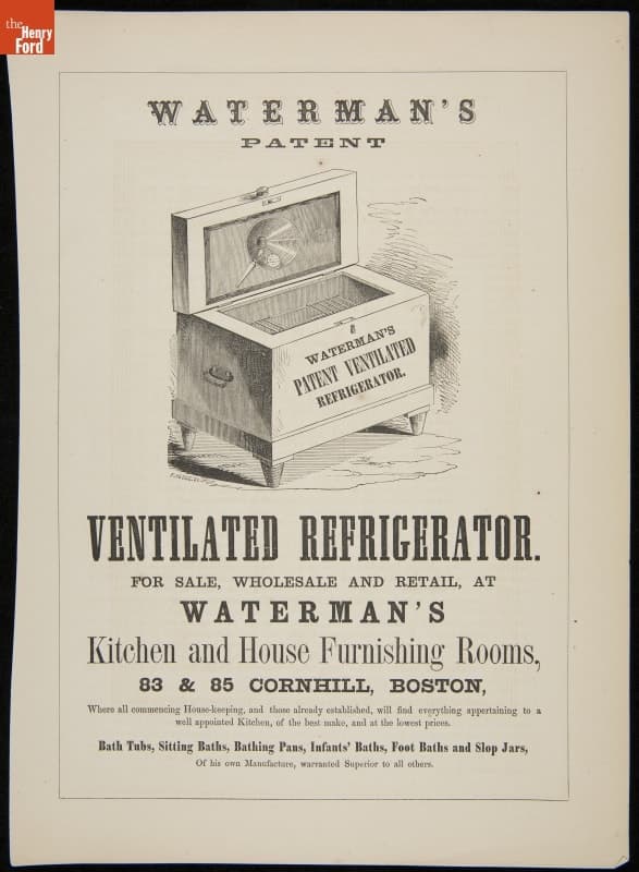 Advertisement for Waterman's Patent Ventilated Refrigerator, 1857