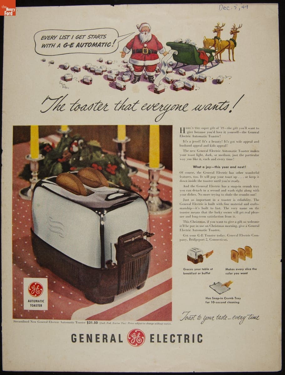 Advertisement for General Electric Streamlined Automatic Toaster, "The Toaster That Everyone Wants!," 1949