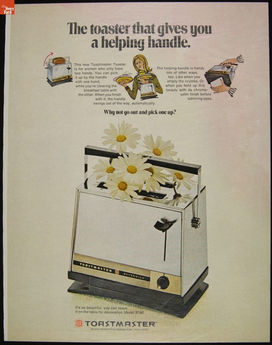 Advertisement for Toastmaster Toasters, "The Toaster that Gives you a Helping Handle," circa 1970
