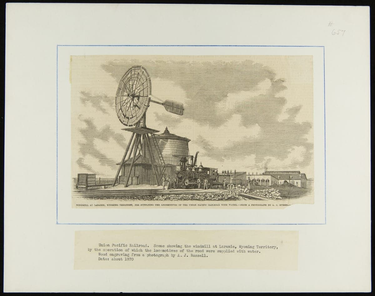 Windmill at Laramie, Wyoming Territory, for Supplying the Locomotives of the Union Pacific Railroad with Water, 1868, circa 1870