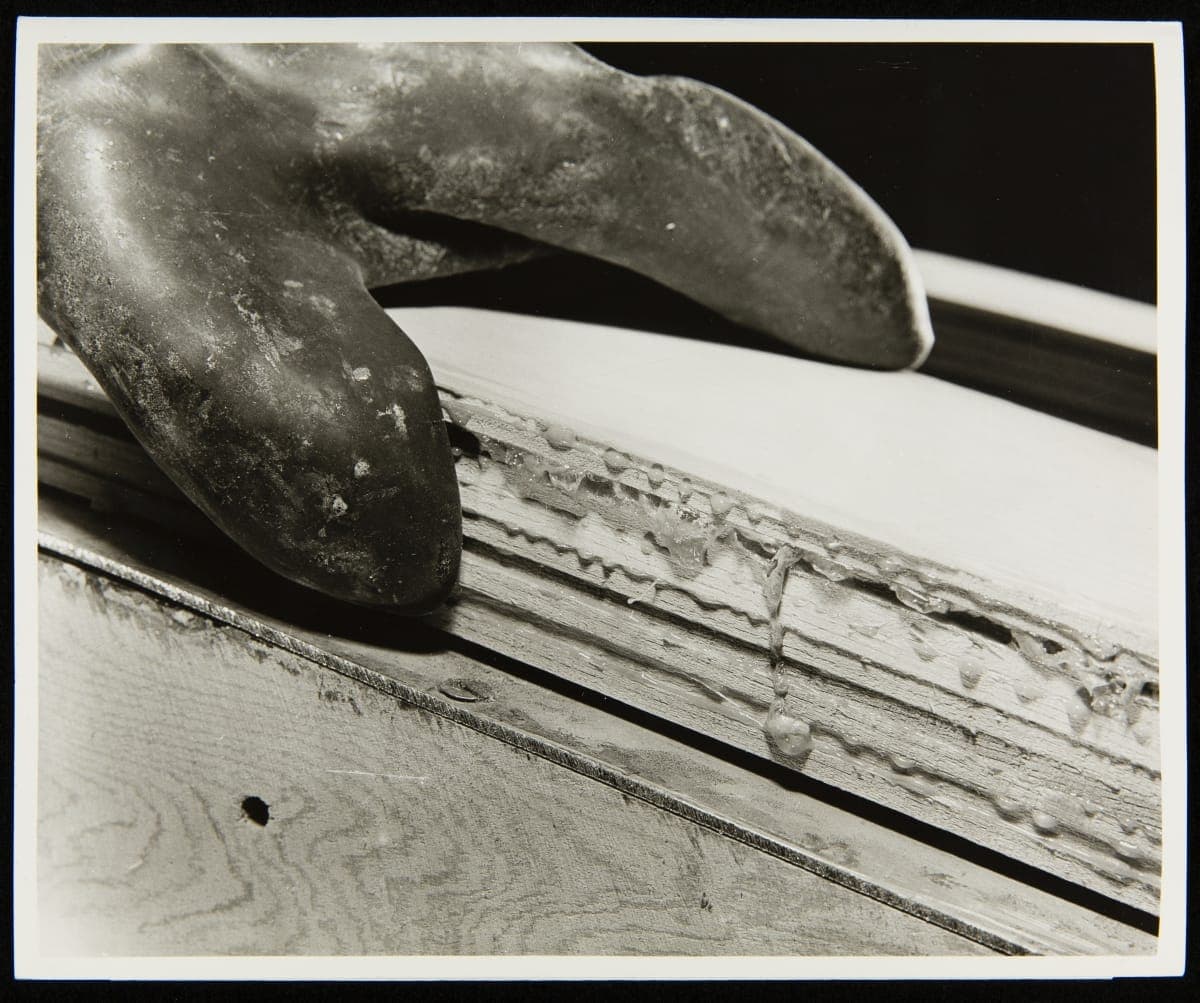 Close-up of Adhesive on Wood Veneer Door Frame Pillar for Ford Station Wagons, Iron Mountain Plant, March 1949