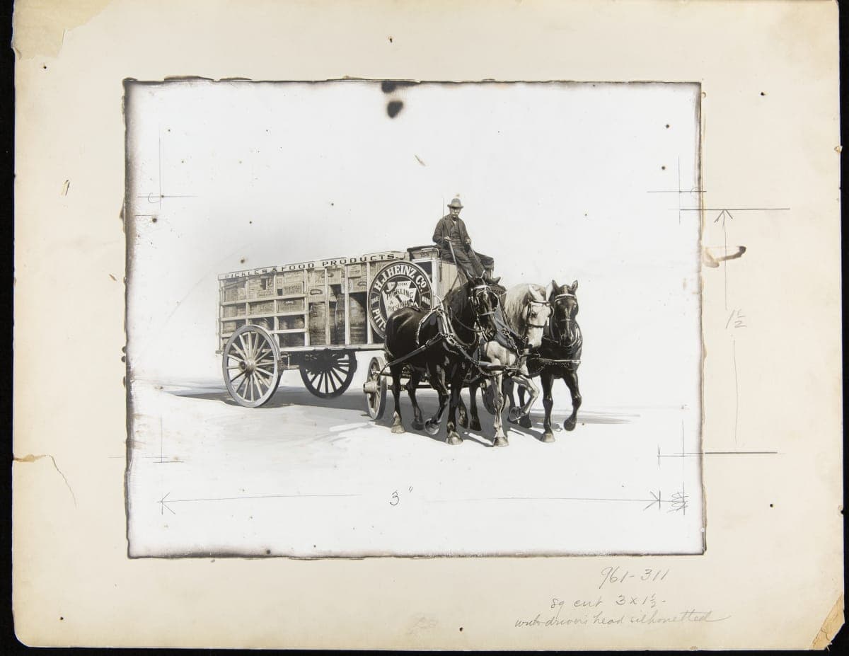 Process Photograph, H. J. Heinz Company, Blue Ribbon Team with 57 Varieties Cart, 1913