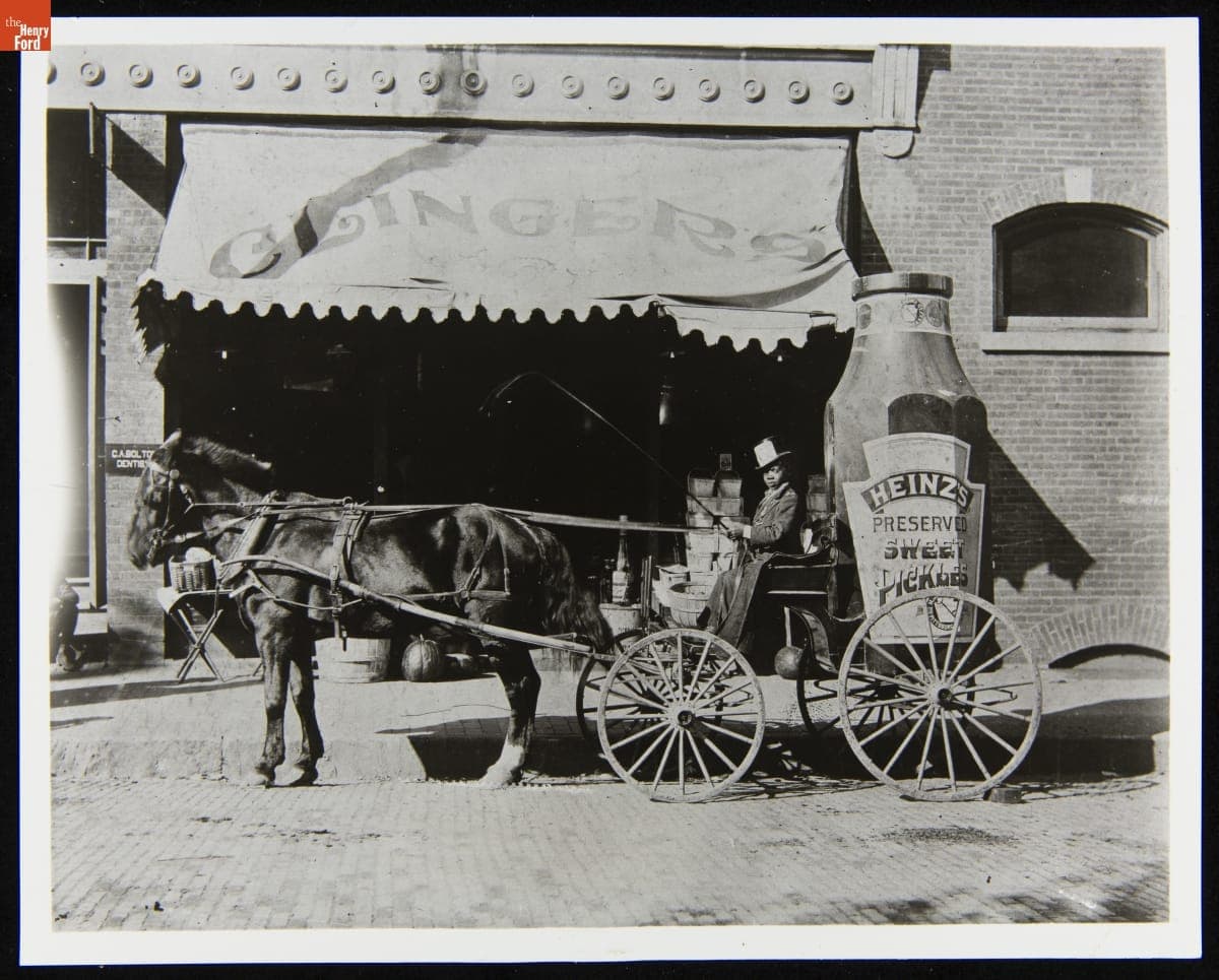 Heinz's Preserved Sweet Pickles Advertising Figure in Horse-Drawn Wagon, 1890