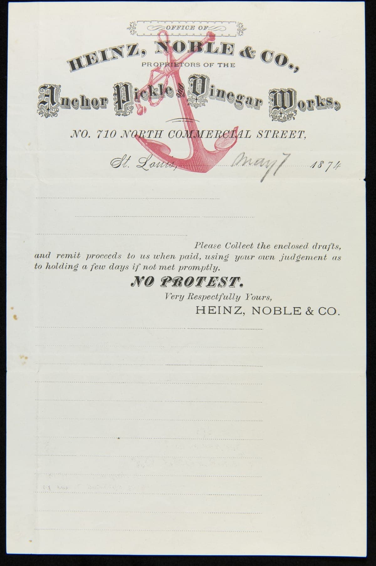 Promissory Note from Heinz, Noble & Company, St. Louis, Missouri, May 7, 1874