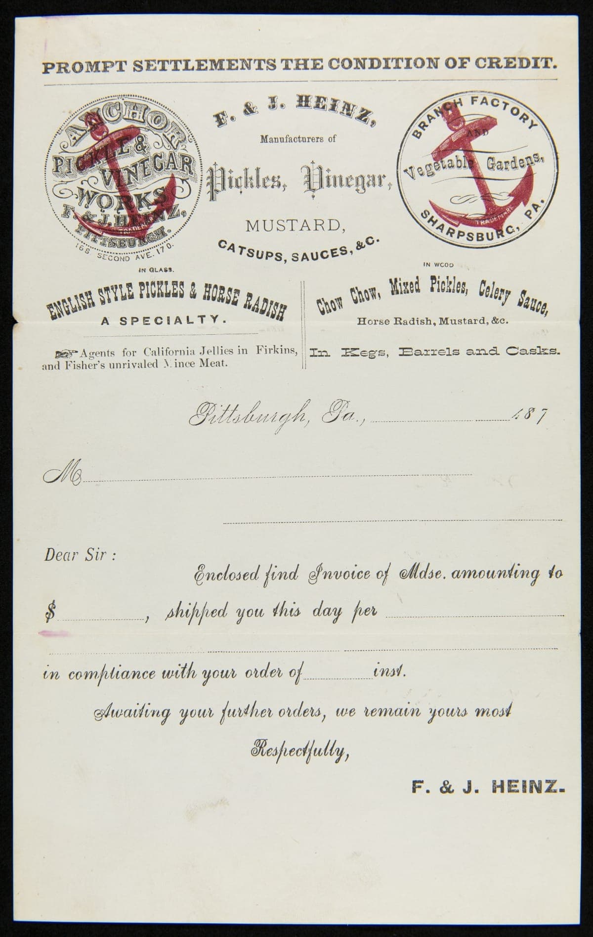Invoice from F. & J. Heinz Company, Sharpsburg, Pennsylvania, 1870-1879