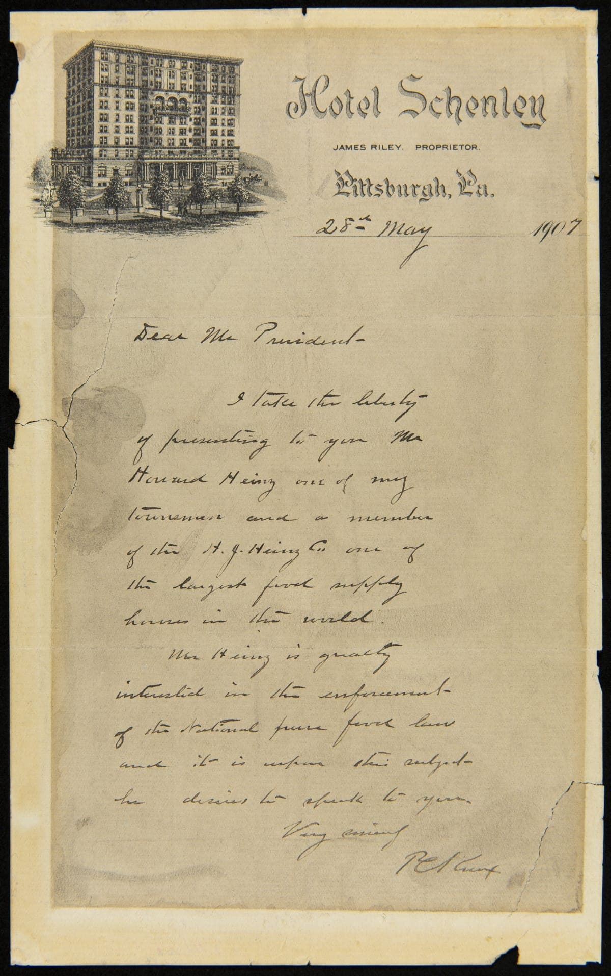 Letter from P. C. Knox to President Theodore Roosevelt about Howard Heinz and the Pure Food and Drug Act, May 28, 1907