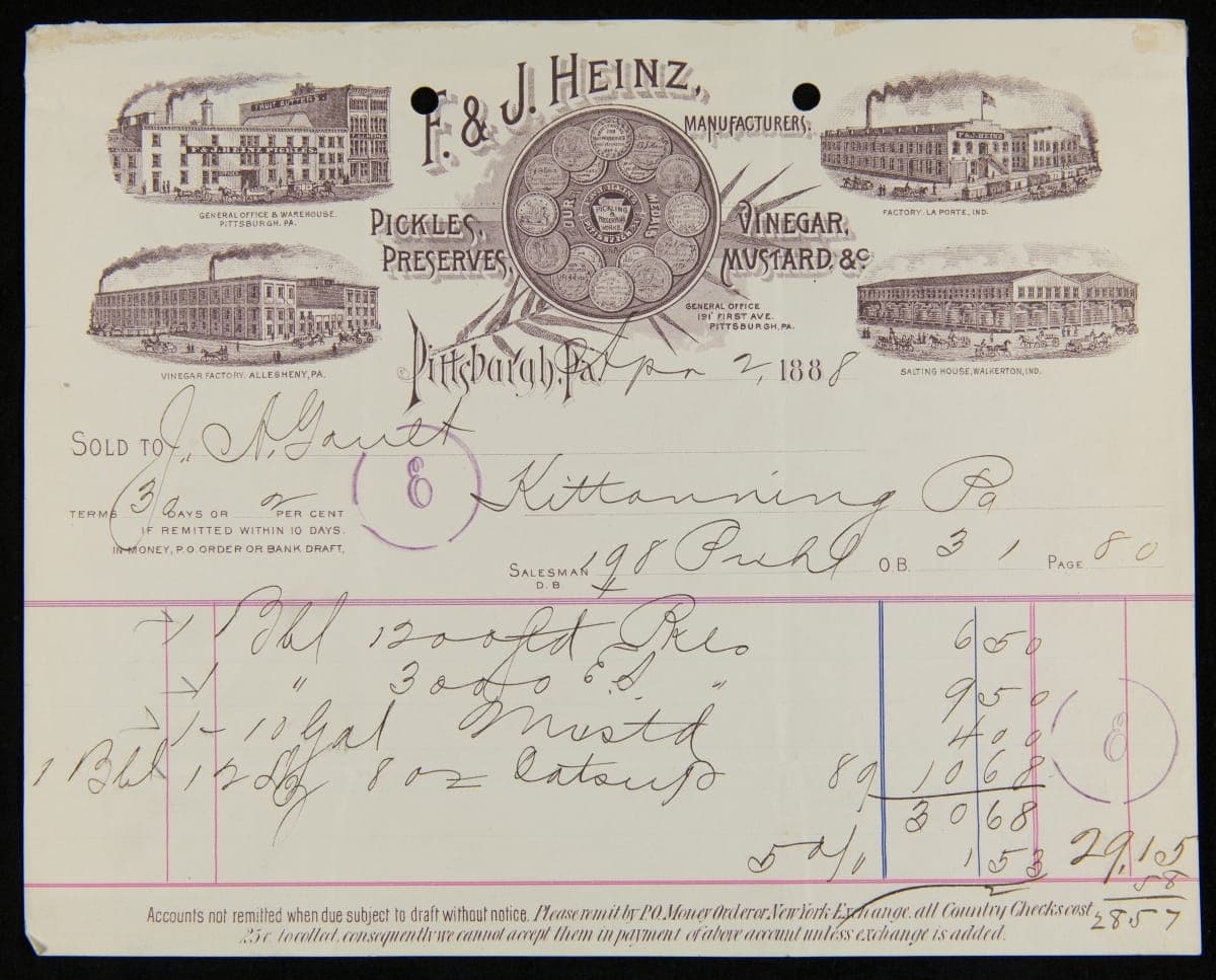 F. & J. Heinz Company Invoice, April 2, 1888