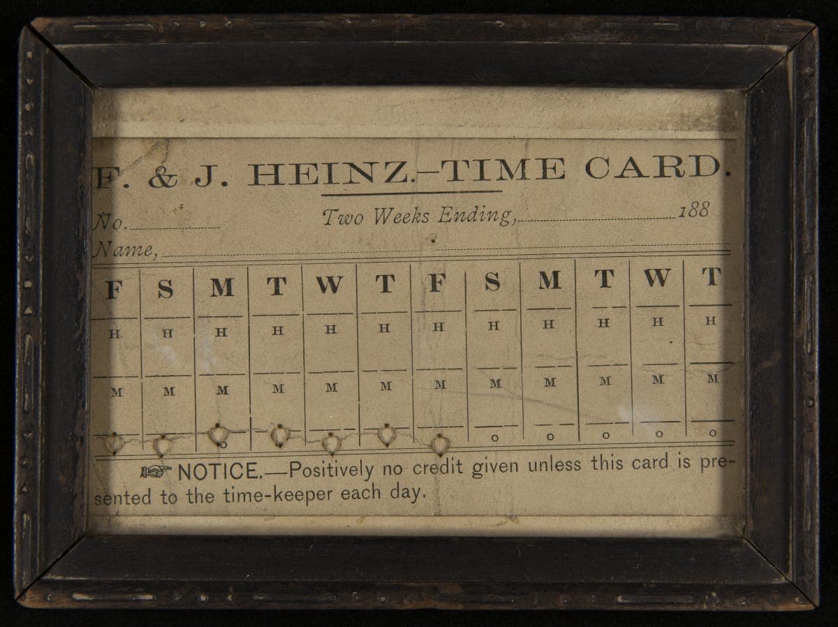 Framed Employee Time Card, F. & J. Heinz Company, circa 1885