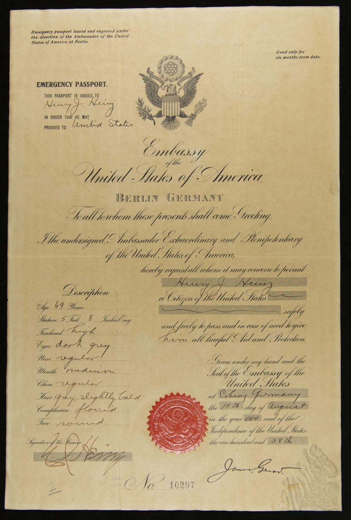 Emergency Passport to Berlin, Germany Issued to H. J. Heinz by the United States Embassy, August 15th, 1914
