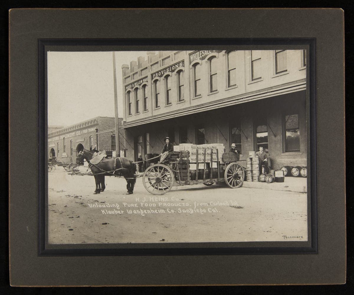 Unloading Heinz "Pure Food Products" from Wagon, Klauber Wangenheim Co., San Diego, California, circa 1908