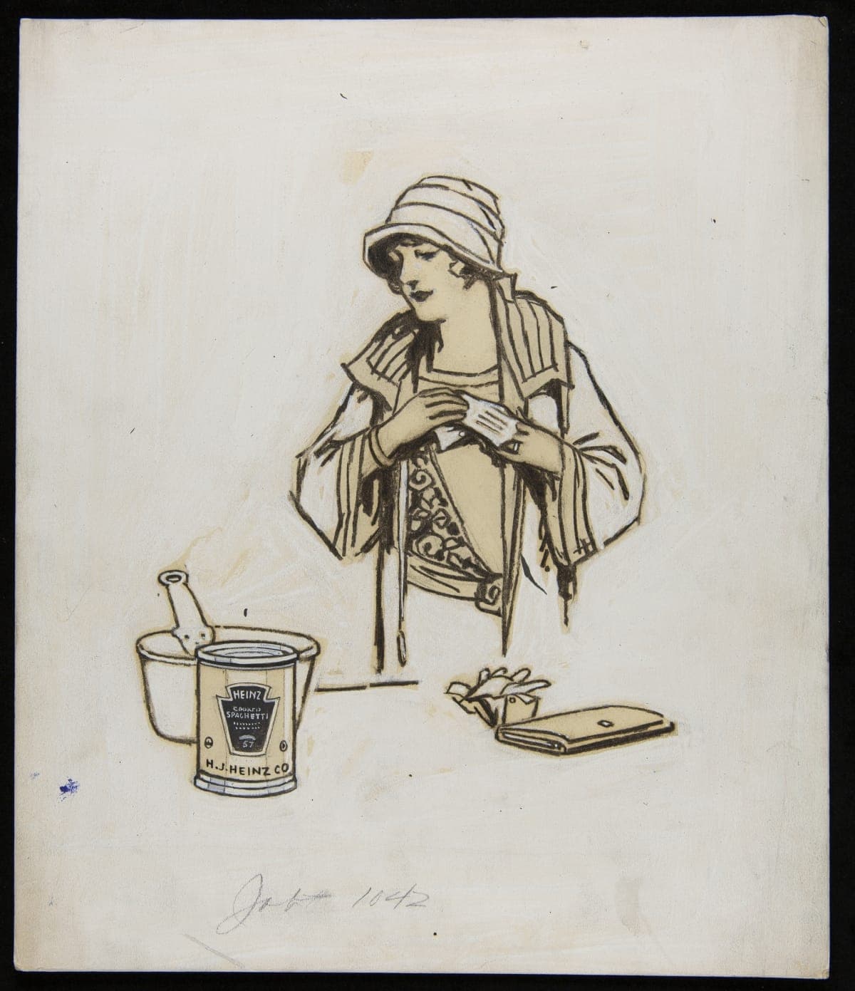 Advertising Drawing of a Busy Woman Considering Preparing Heinz Cooked Spaghetti, circa 1928