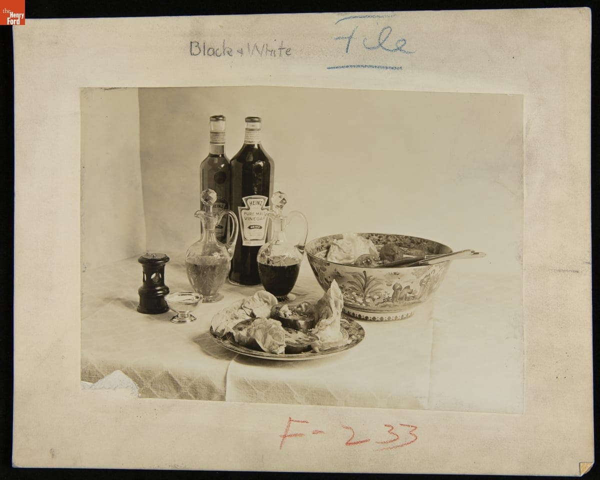 Advertising Illustration of Heinz Vinegar and Olive Oil Products for a Salad, circa 1920