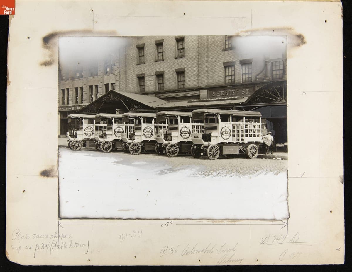 Advertising Layout Photograph of a Row of Heinz Delivery Trucks, December 3, 1913