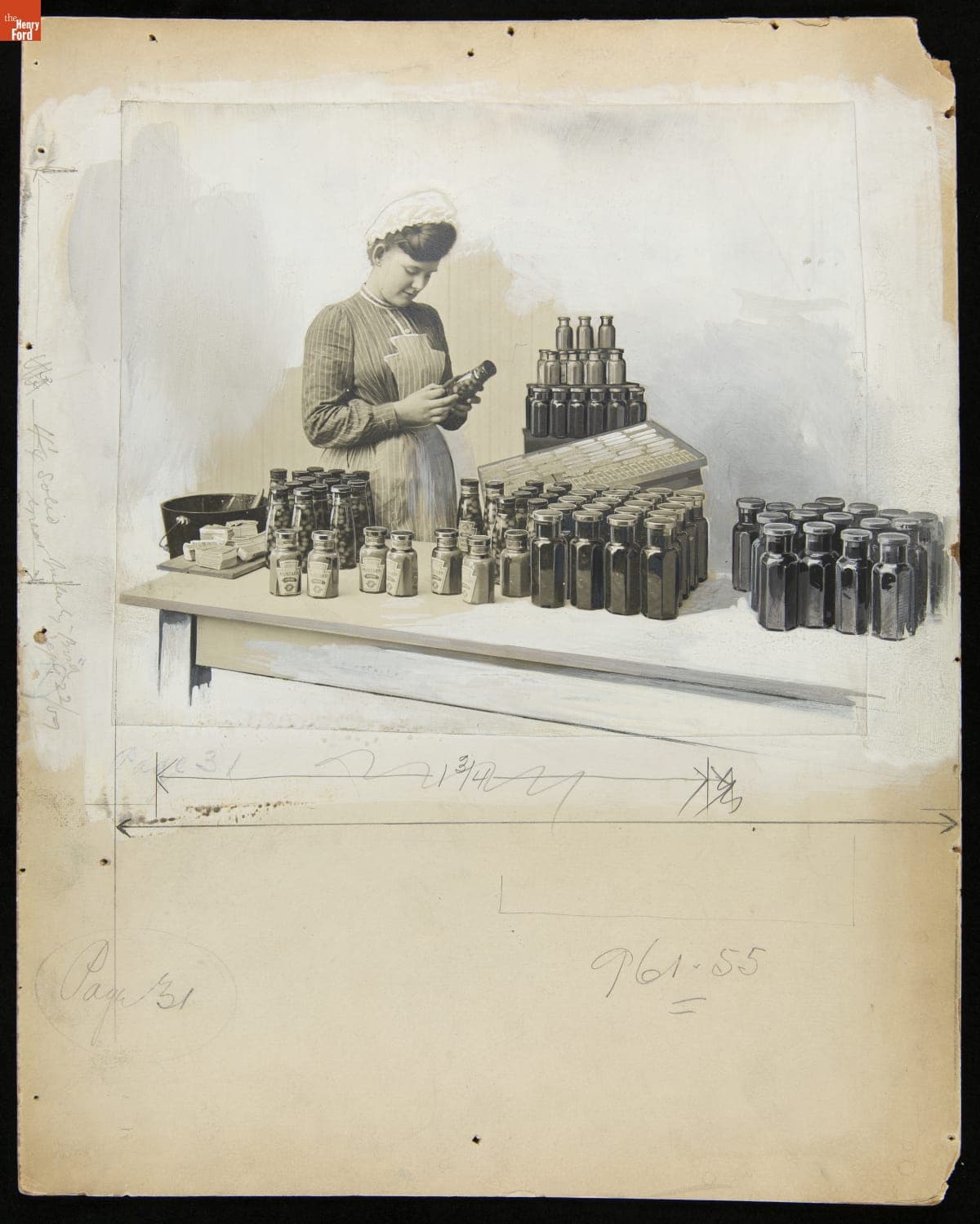 Advertising Layout Photograph of Heinz Employee Labeling Bottles of Heinz Products, circa 1909
