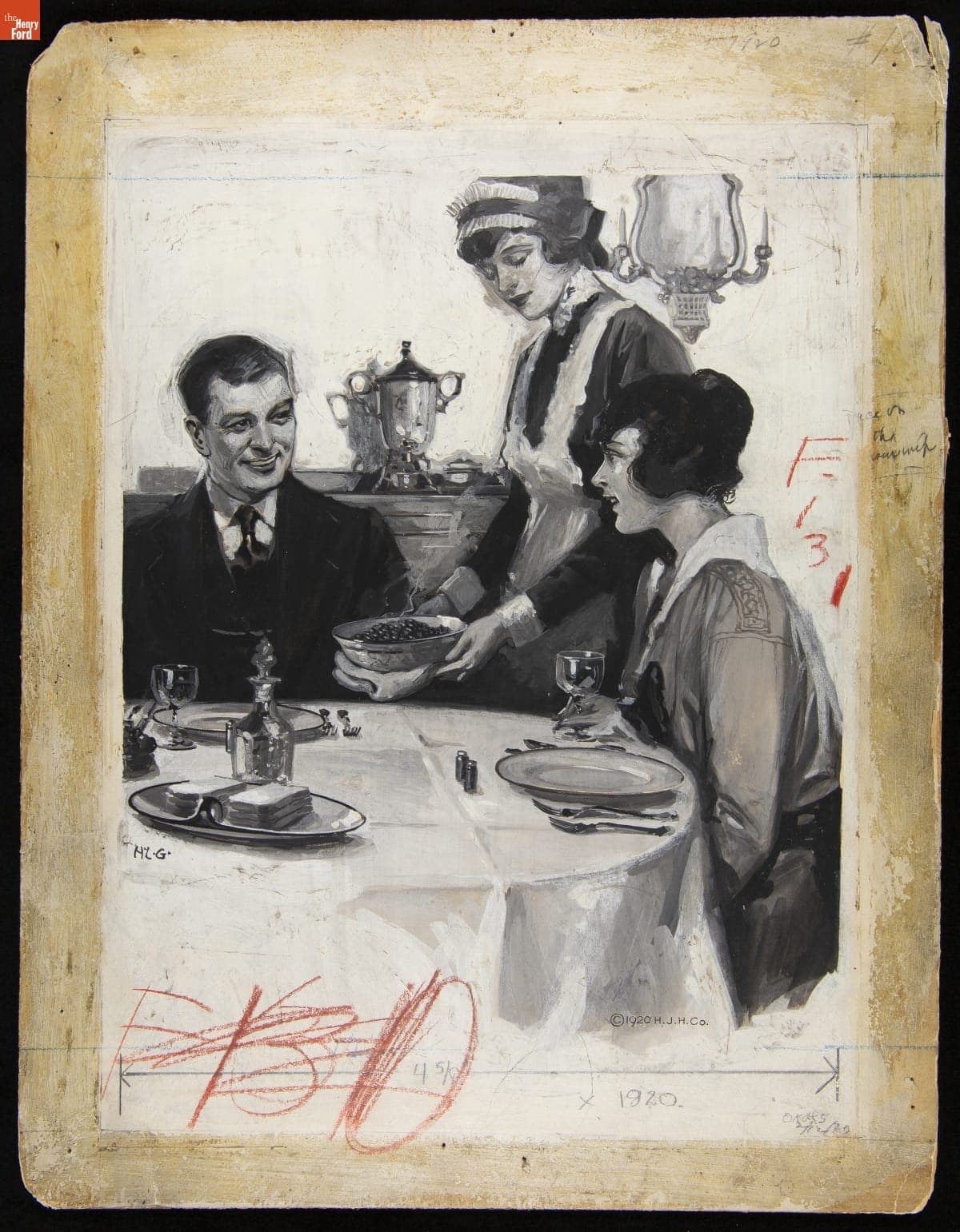 Advertising Layout Drawing of a Maid Serving Heinz Baked Beans, circa 1920