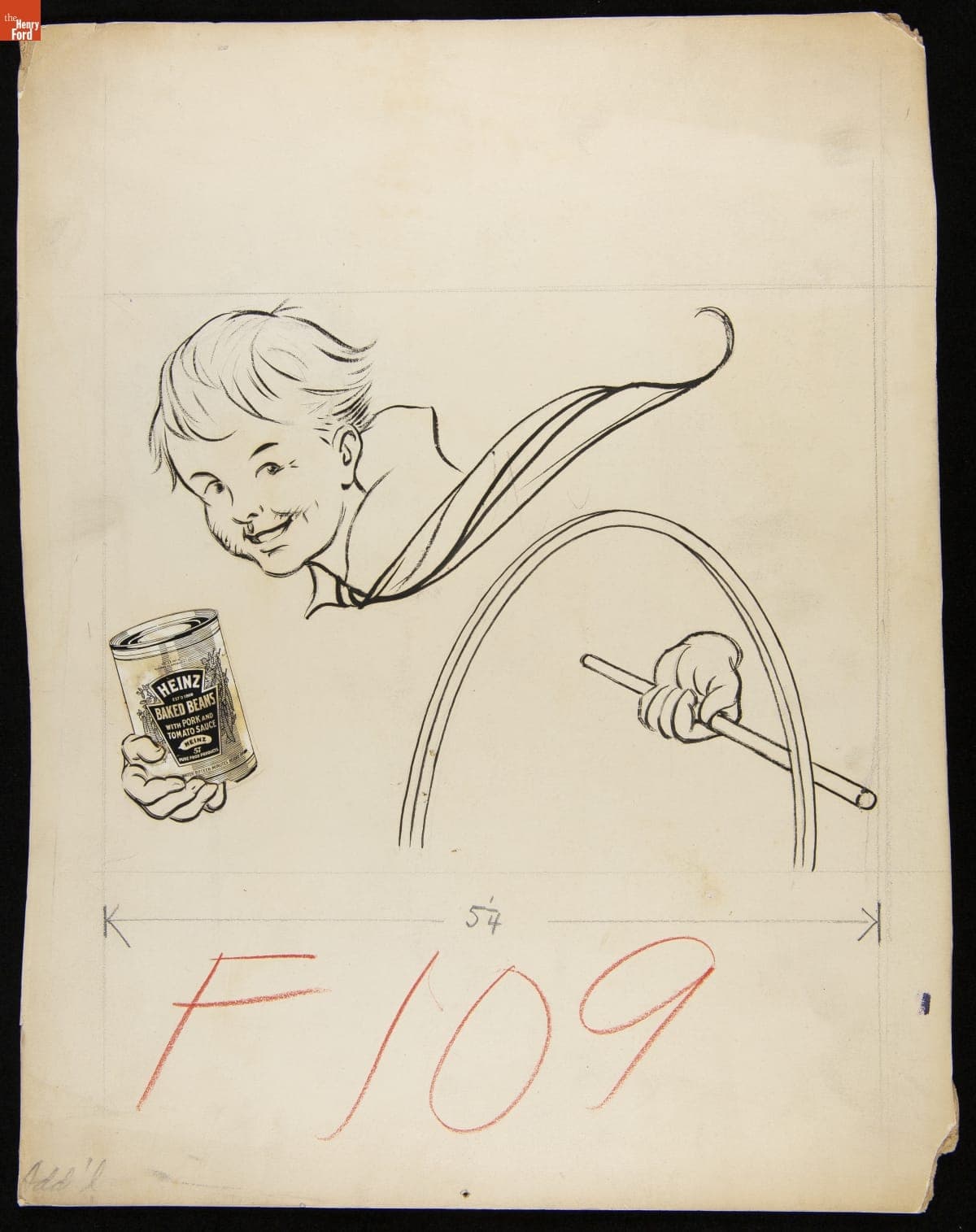Advertising Layout Drawing of Boy Rolling a Hoop While Holding a Heinz Baked Beans Can, 1920-1930