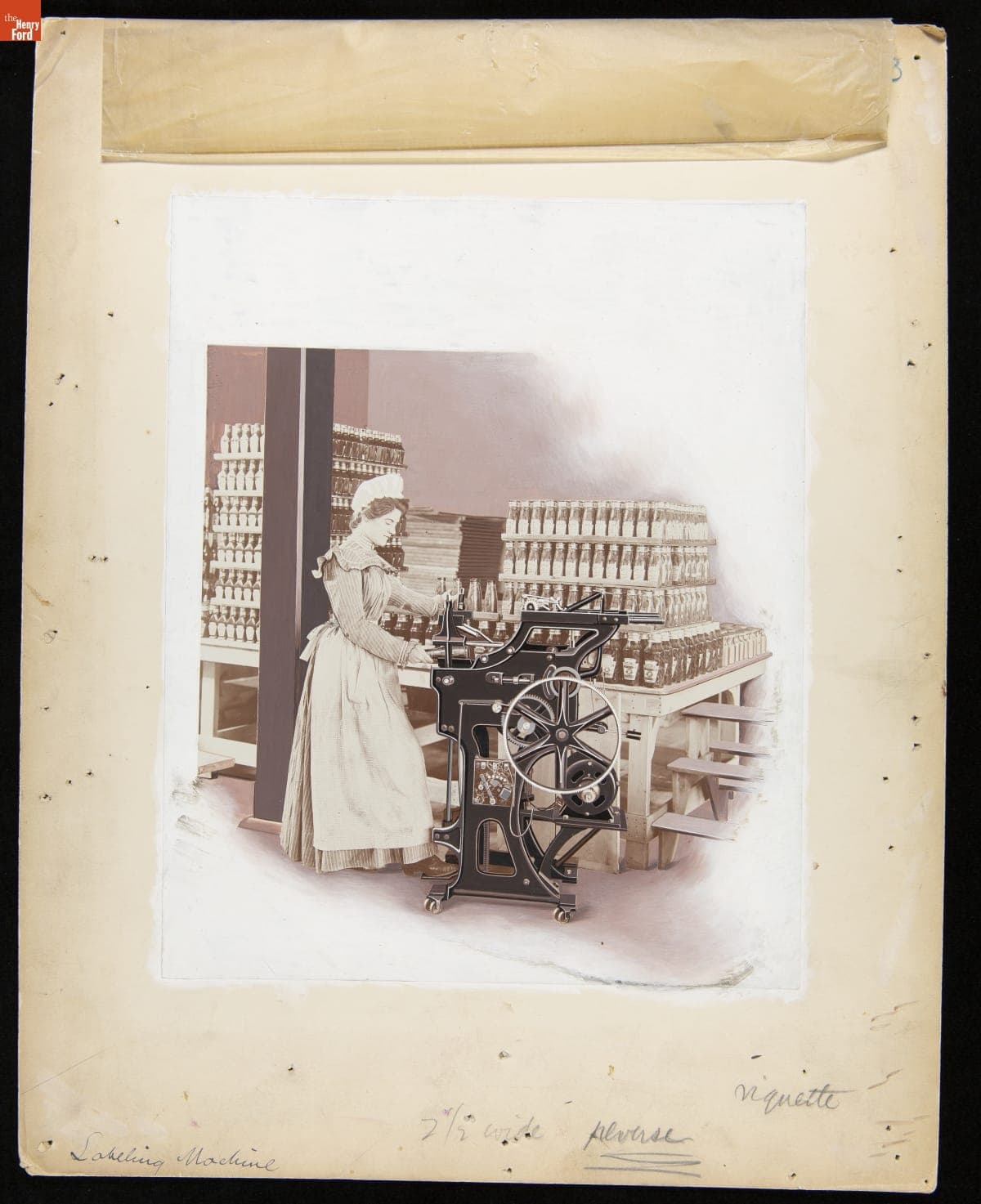 Advertising Layout Photograph of a Heinz Employee Using a Bottle Labeling Machine, circa 1910