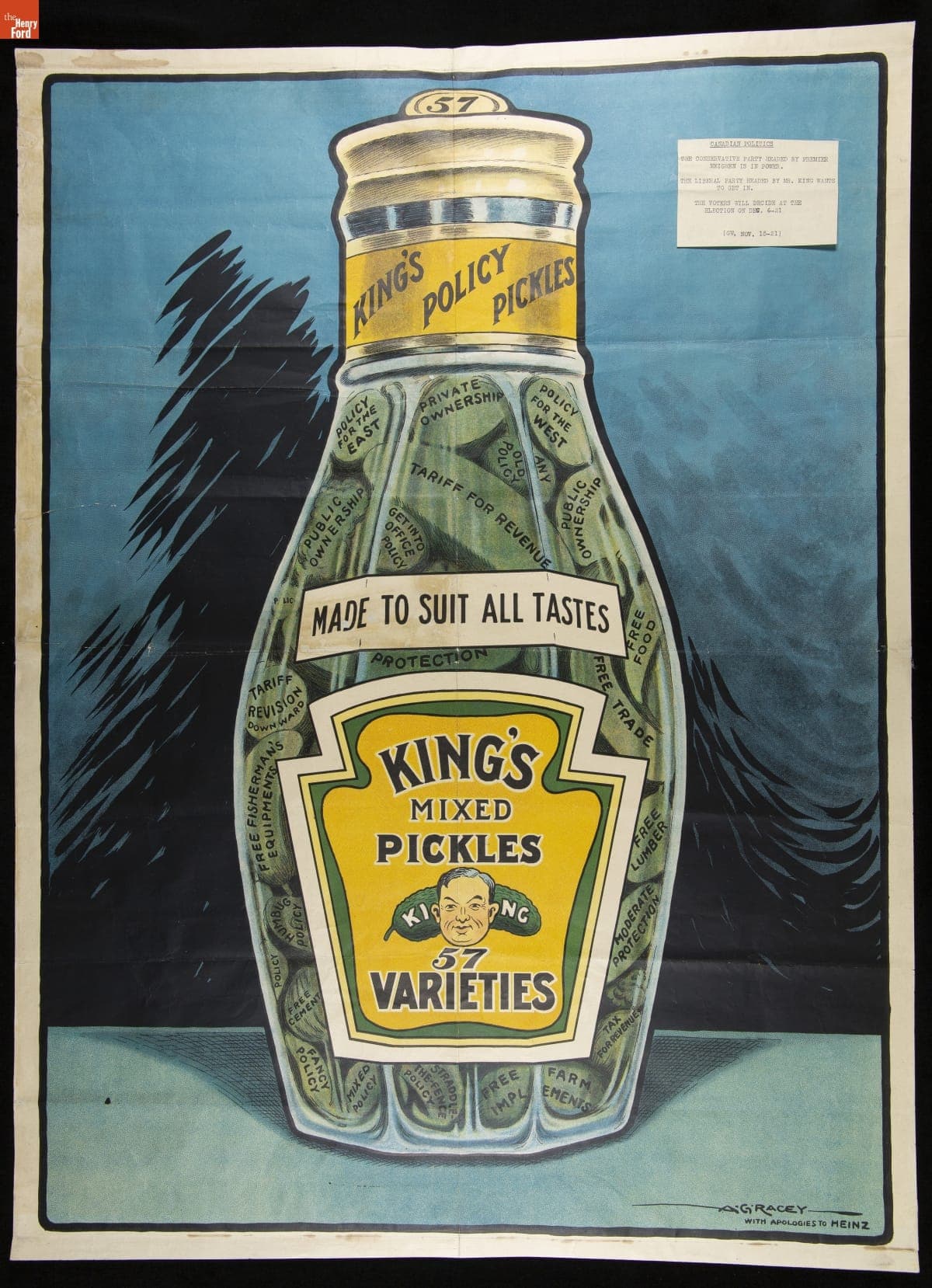 Political Poster Created "With Apologies to Heinz," Opposing the Candidacy of Canadian Politician William Lyon Mackenzie King, circa 1921