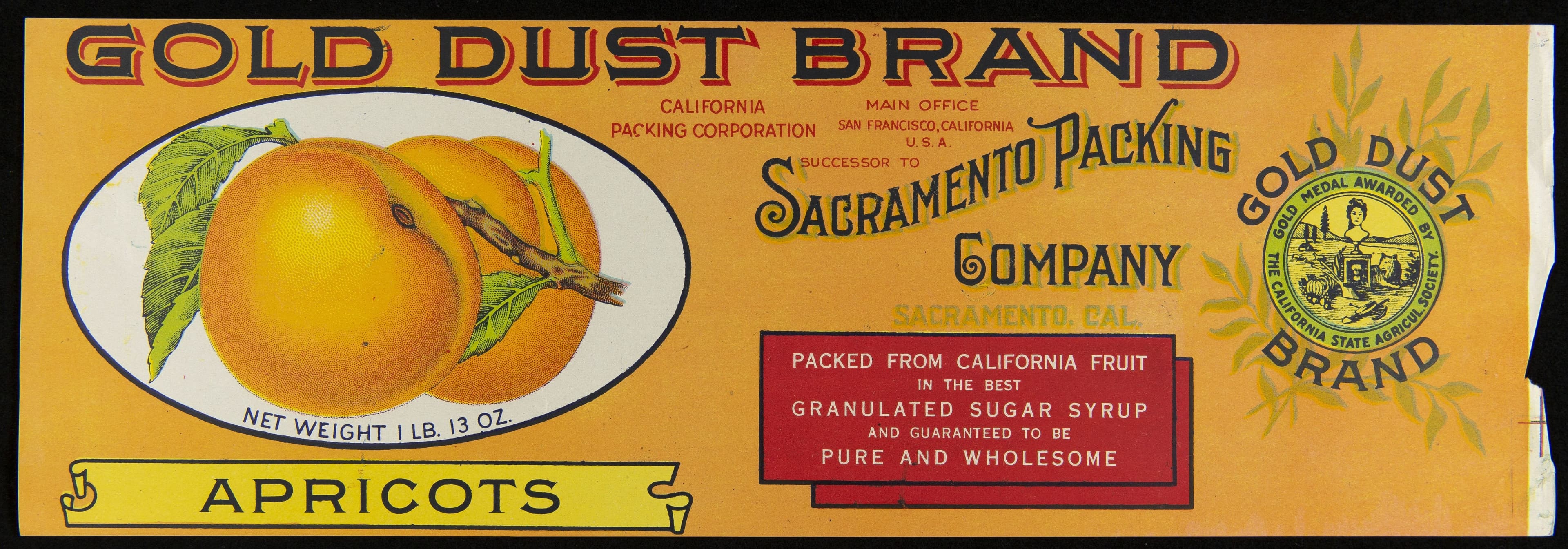 Can Label, "Gold Dust Brand Apricots," 1920-1940