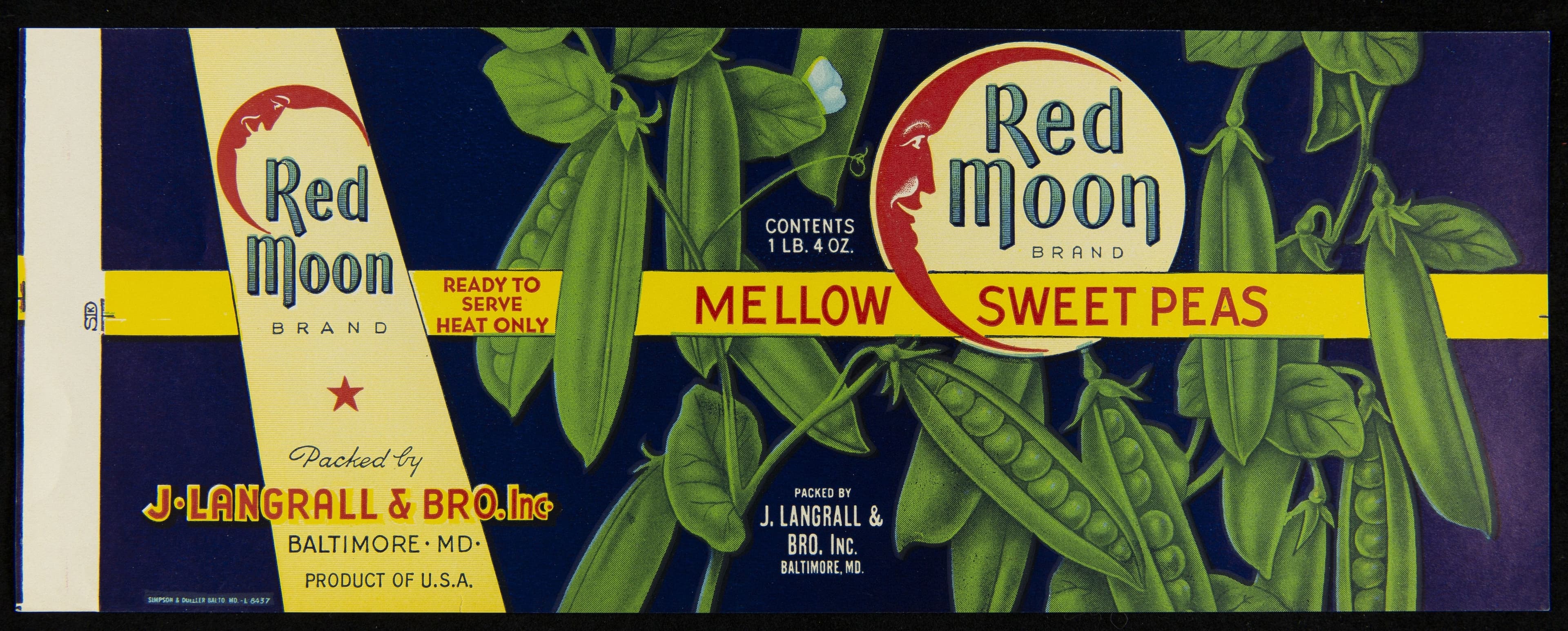 Can Label, "Red Moon Brand Mellow Sweet Peas," 1920-1930